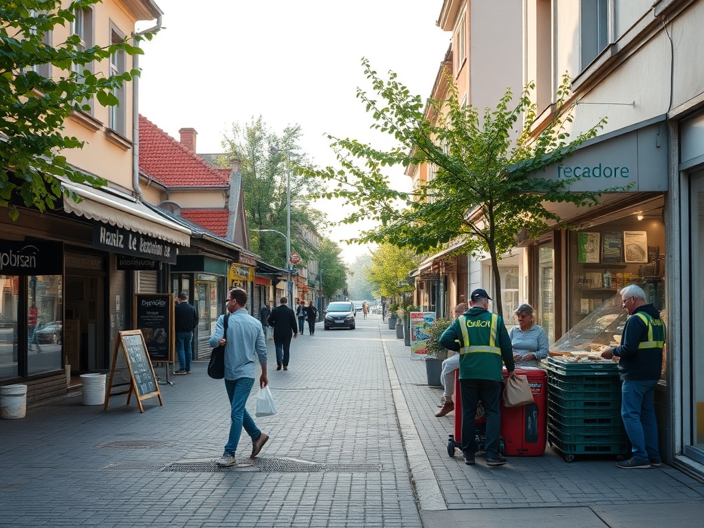 Osoba przeglądająca oferty pracy na laptopie w Radomiu, z widokiem na miasto w tle.