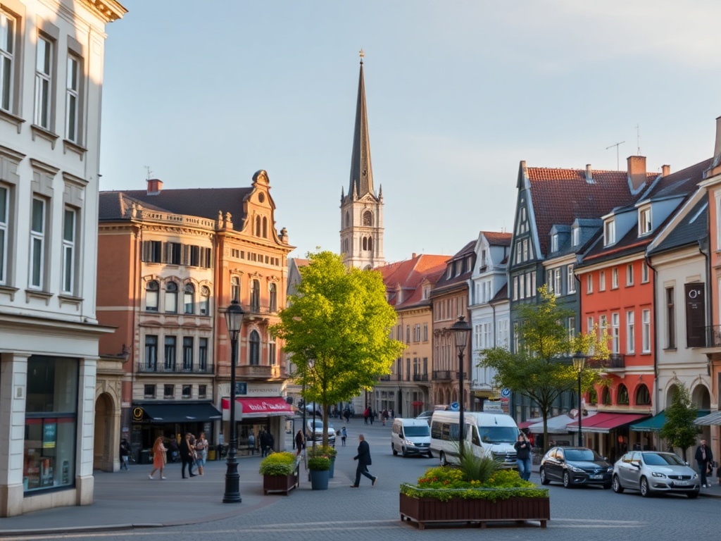 Mapa ilustrująca infrastrukturę usługową w Radomiu, z zaznaczonymi punktami transportu, sklepów i gastronomii