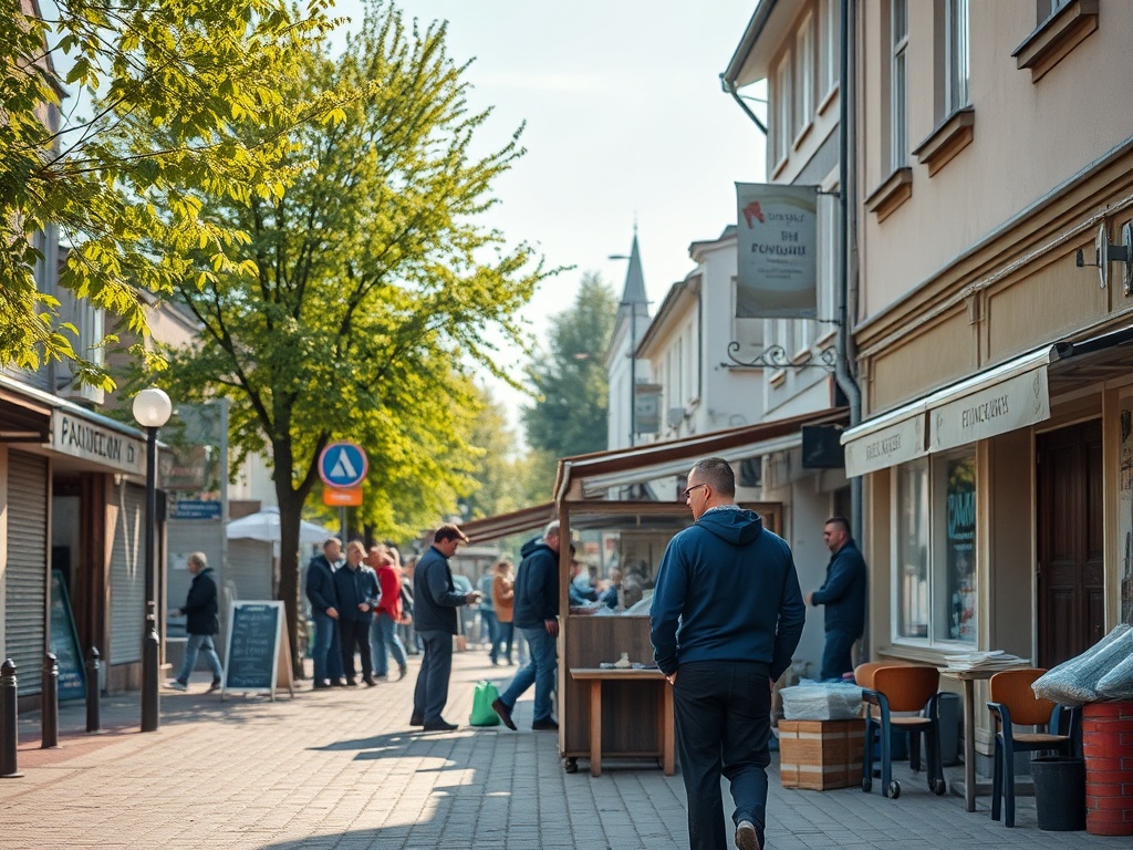 Grupa ludzi stojąca przed nowoczesnym budynkiem biurowym w Radomiu, symbolizująca nowe miejsca pracy