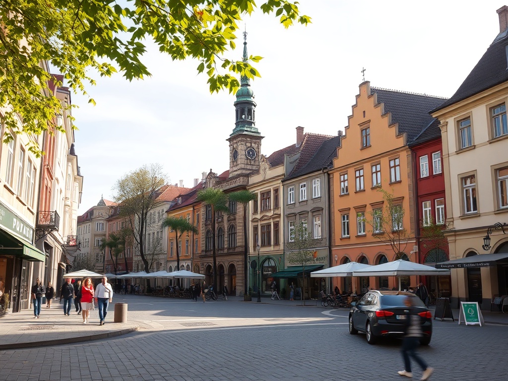 Ilustracja przedstawiająca spokojną ulicę Radomia z symbolami kulinarnymi i policyjnym radiowozem w tle, nawiązująca do Radom wydarzenia tygodnia.